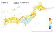 1日の最低気温平年差の分布図