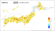 2日の最低気温平年差の分布図
