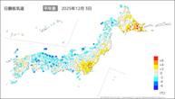 3日の最低気温平年差の分布図