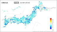 4日の最低気温平年差の分布図