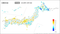 16日の最低気温平年差の分布図