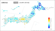 18日の最低気温平年差の分布図