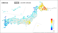 26日の最低気温平年差の分布図