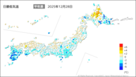 28日の最低気温平年差の分布図