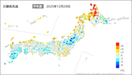 29日の最低気温平年差の分布図