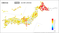 30日の最低気温平年差の分布図