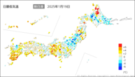 19日の最低気温前日差の分布図