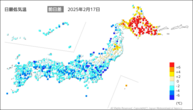 17日の最低気温前日差の分布図