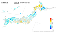 31日の最低気温前日差の分布図