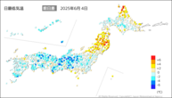 4日の最低気温前日差の分布図