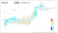21日の最低気温前日差の分布図