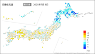 8日の最低気温前日差の分布図