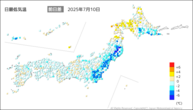 10日の最低気温前日差の分布図