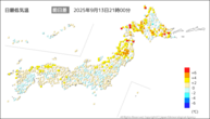 今日の最低気温前日差の分布図
