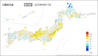 昨日の最低気温前日差の分布図