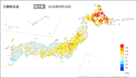 昨日の最低気温前日差の分布図