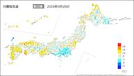 26日の最低気温前日差の分布図