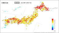 31日の最低気温前日差の分布図