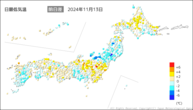 13日の最低気温前日差の分布図