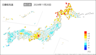 今日の最低気温前日差の分布図