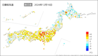 16日の最低気温前日差の分布図