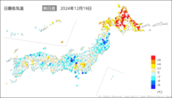 19日の最低気温前日差の分布図