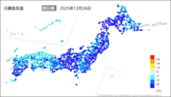 26日の最低気温前日差の分布図