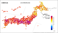 20日の最高気温の分布図