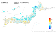 17日の最高気温平年差の分布図