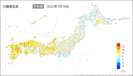 18日の最高気温平年差の分布図