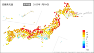 19日の最高気温平年差の分布図