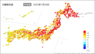 20日の最高気温平年差の分布図