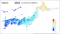 今日の最高気温平年差の分布図