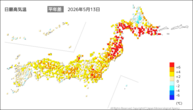 今日の最高気温平年差の分布図