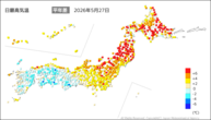 27日の最高気温平年差の分布図