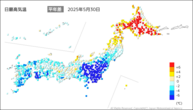 30日の最高気温平年差の分布図