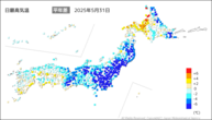 31日の最高気温平年差の分布図