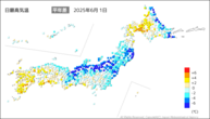 1日の最高気温平年差の分布図
