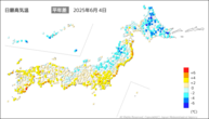 4日の最高気温平年差の分布図