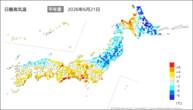 21日の最高気温平年差の分布図