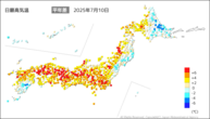 10日の最高気温平年差の分布図