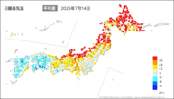 昨日の最高気温平年差の分布図