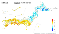 31日の最高気温平年差の分布図