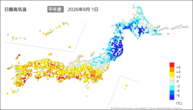 1日の最高気温平年差の分布図