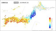 2日の最高気温平年差の分布図