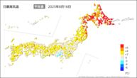 16日の最高気温平年差の分布図