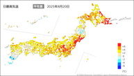 20日の最高気温平年差の分布図