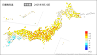 昨日の最高気温平年差の分布図