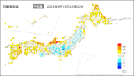 今日の最高気温平年差の分布図