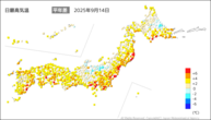 14日の最高気温平年差の分布図